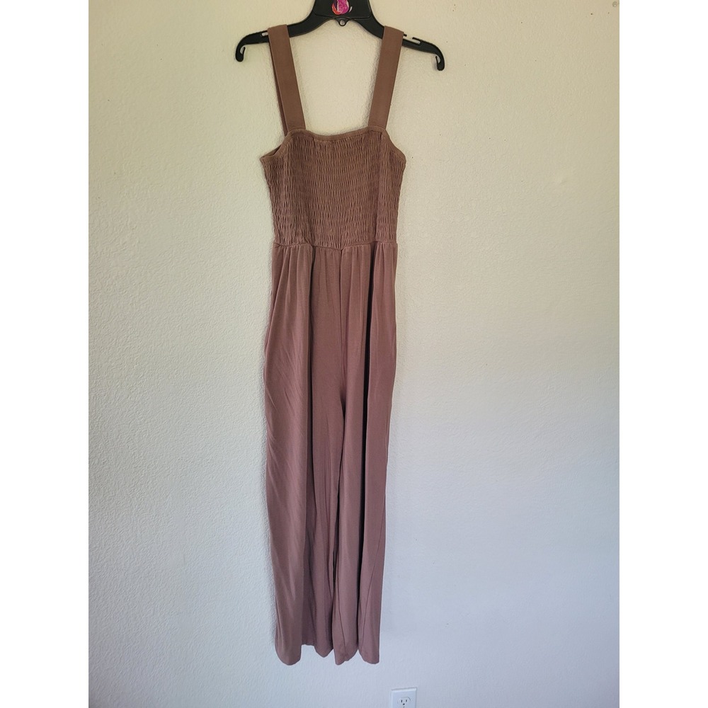 Women's Brown Smocked Wide Leg Jumpsuit Pockets Small Sleeveless Boho Romper #24